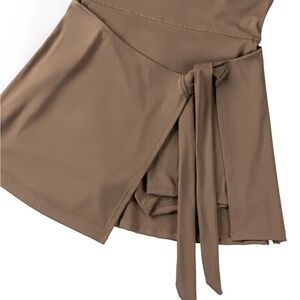 Tennis Dress active wear Sleeveless Tie-Waist Mini Dress w/ shorts Brown Romper